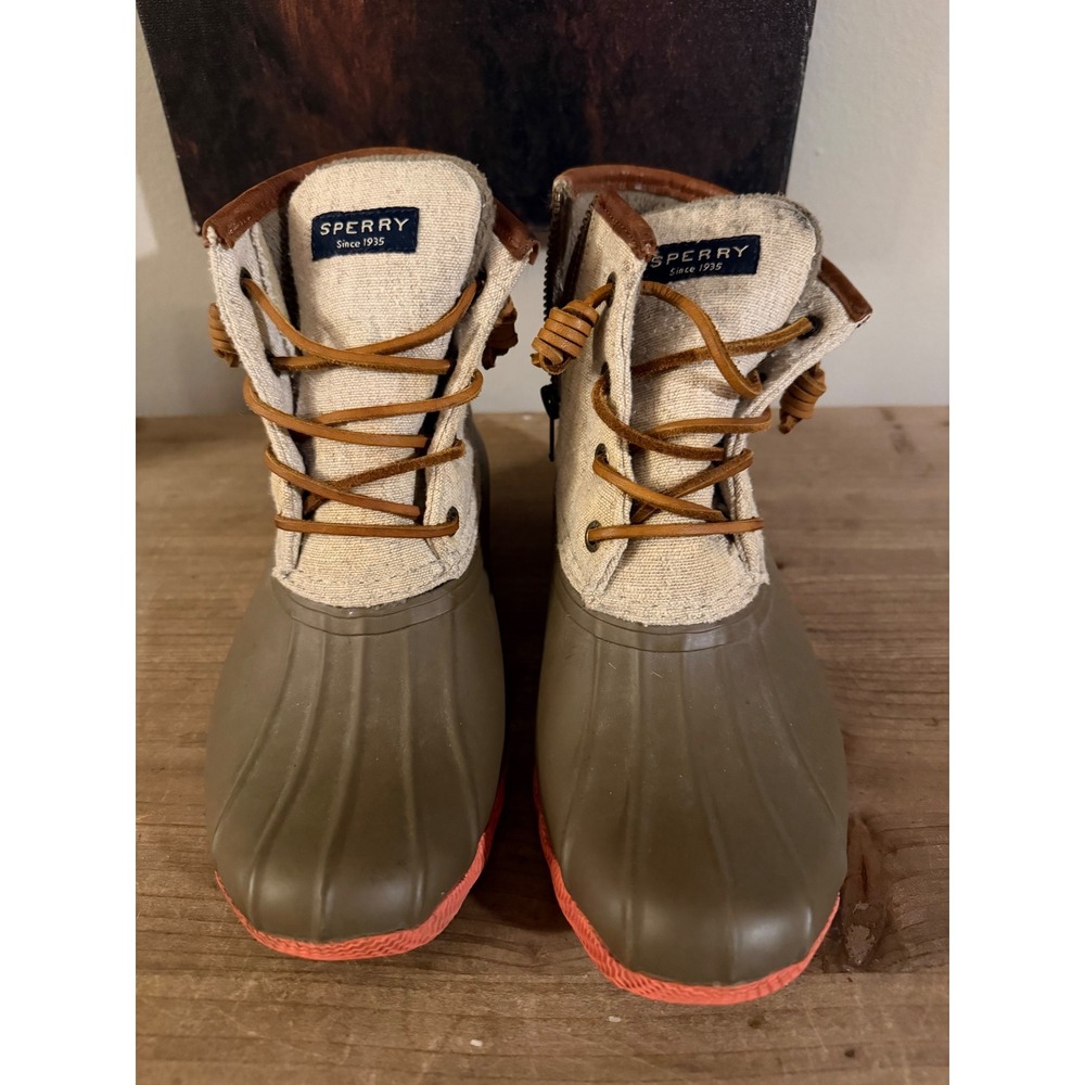 Sperry Saltwater Duck Boots Olive Oatmeal Canvas Ankle Rain Boots Women's 6 - Picture 2 of 5